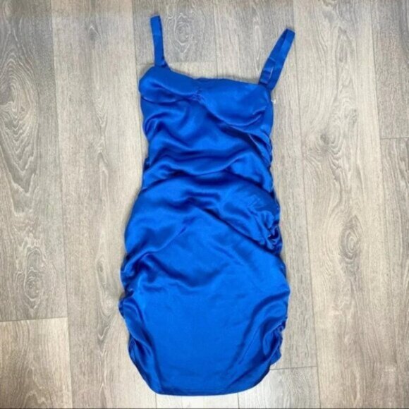 Urban Outfitters LIONES Mini Dress Mysterious Girl Ruched side Satin Blue Size M - Picture 2 of 16